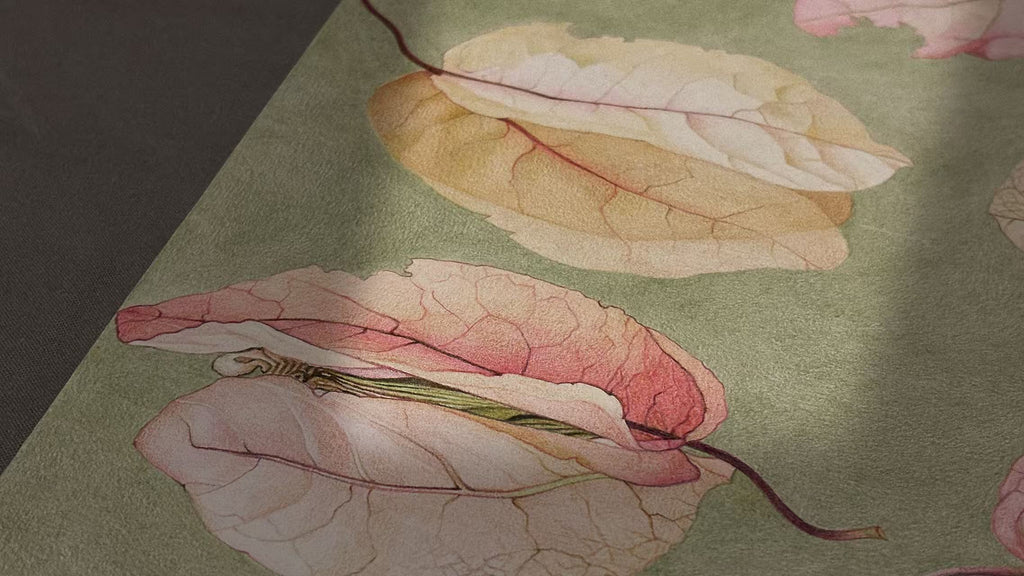 To Where Petals Return - Original Fine Art Illustration by Momotanger - Delicate pink and withered leaf textures on sage green - Available at Breezify
