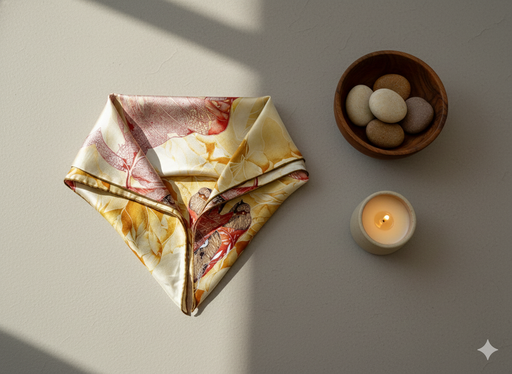 Premium mulberry silk texture and vibrant colors of One Leaf One Bodhi scarf